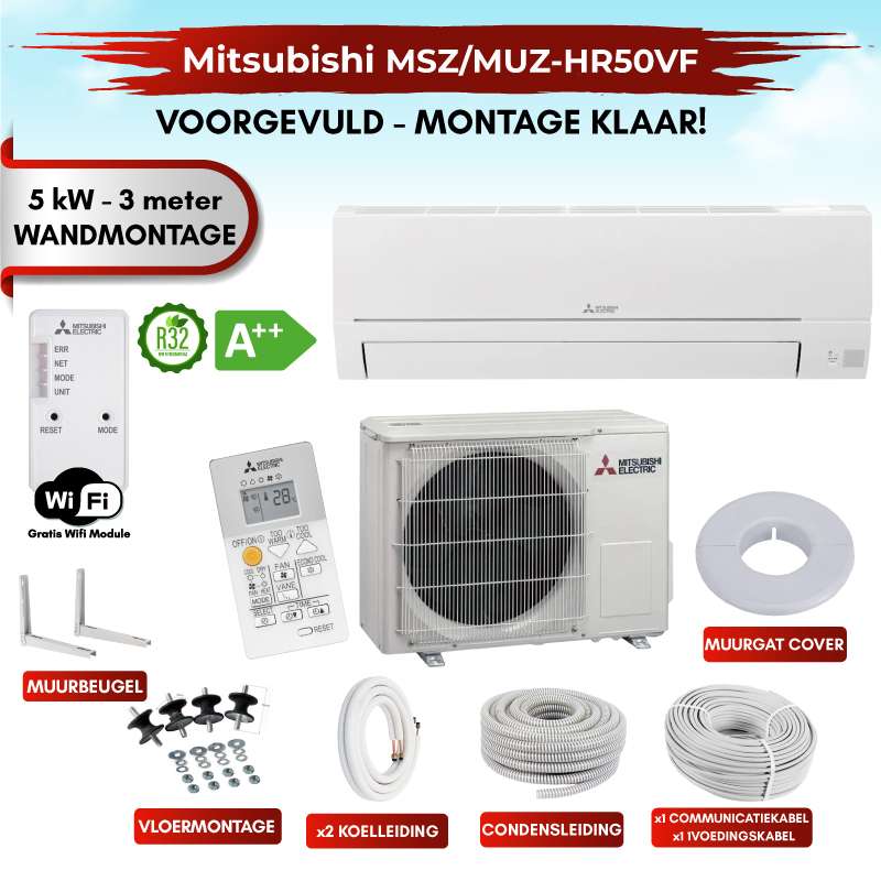 Zelfbouw Airco 5kw MITSUBISHI met 3m MUUR montage set MUZ-HR50VF_MSZ-HR50VF