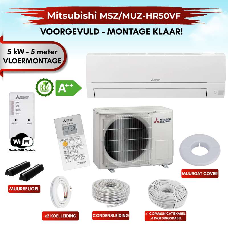 Zelfbouw Airco 5kw MITSUBISHI met 5m VLOER montage set MUZ-HR50VF_MSZ-HR50VF